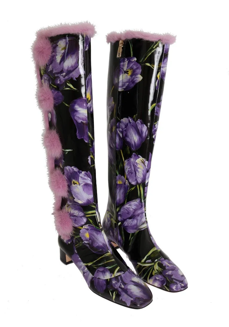 Purple Tulip Print Leather Fur Boots