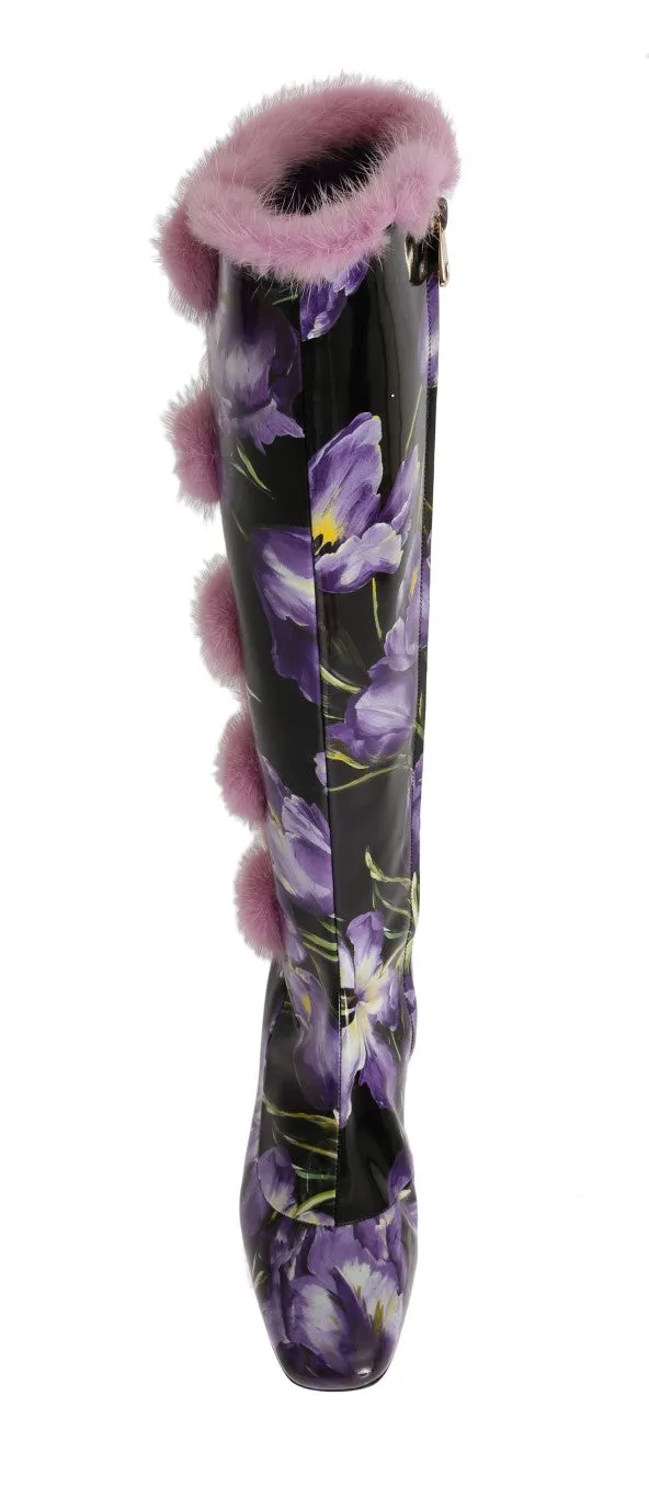 Purple Tulip Print Leather Fur Boots