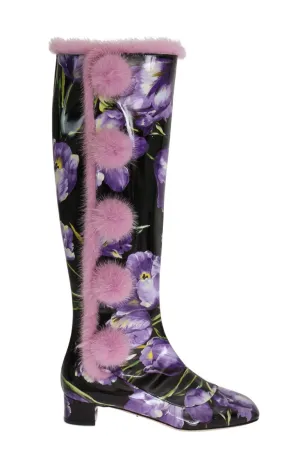 Purple Tulip Print Leather Fur Boots