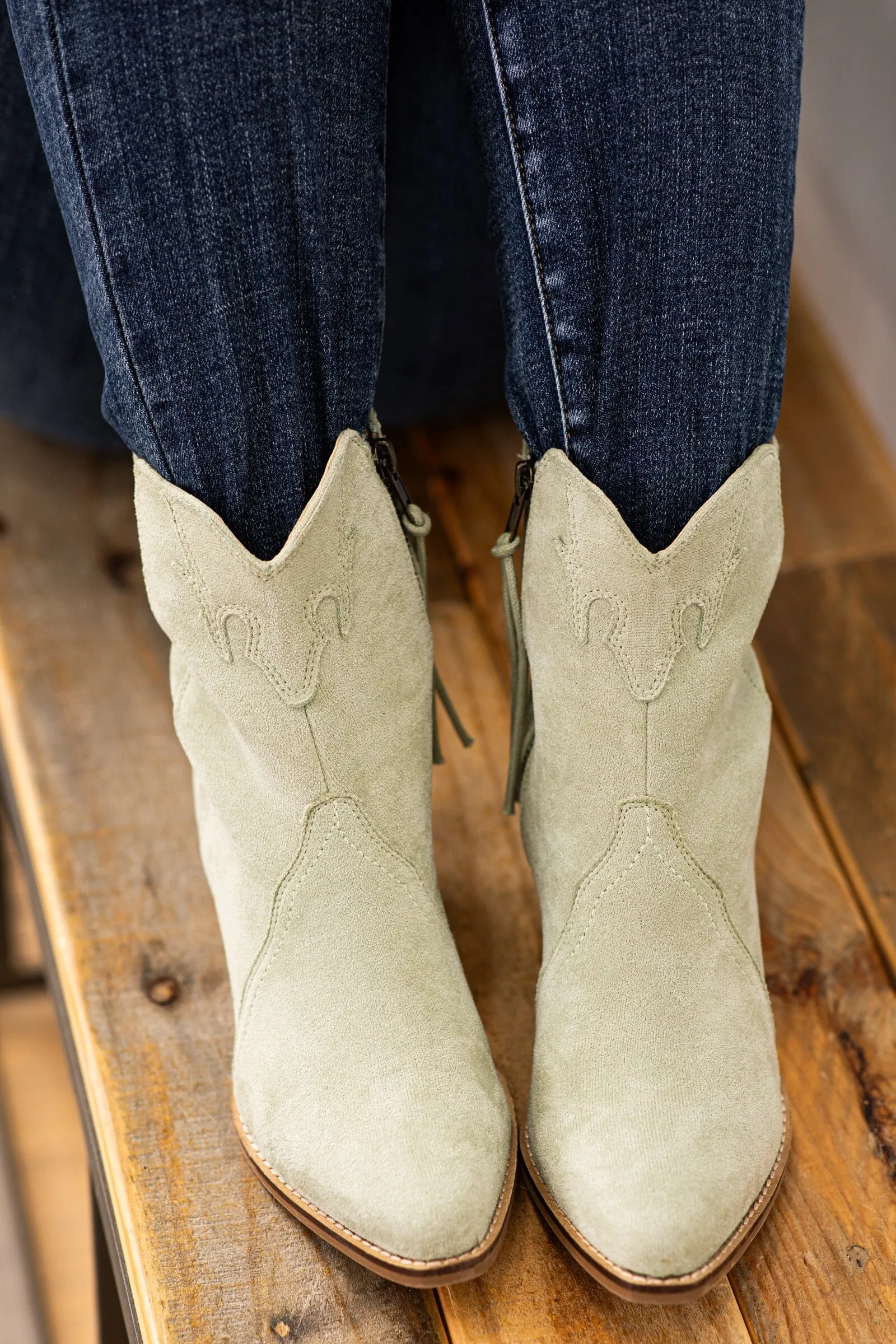 Sage Faux Suede Bootie With Western Detail