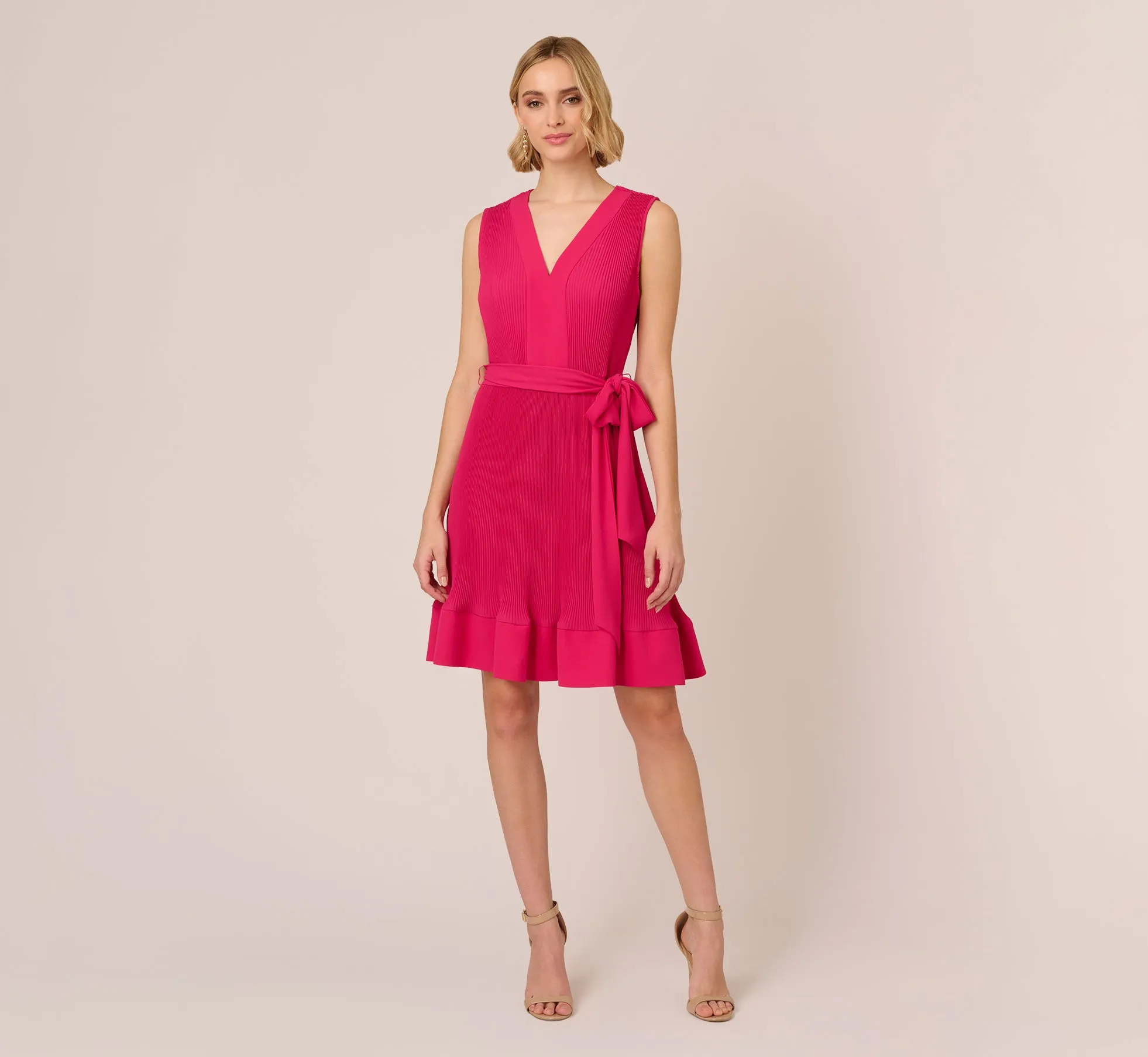 Sleeveless Pleated Dress With Self Tie Waist In Hot Pink