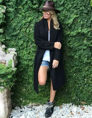 Socialite Oversized Two-Pocket Hooded Cardigan in Black