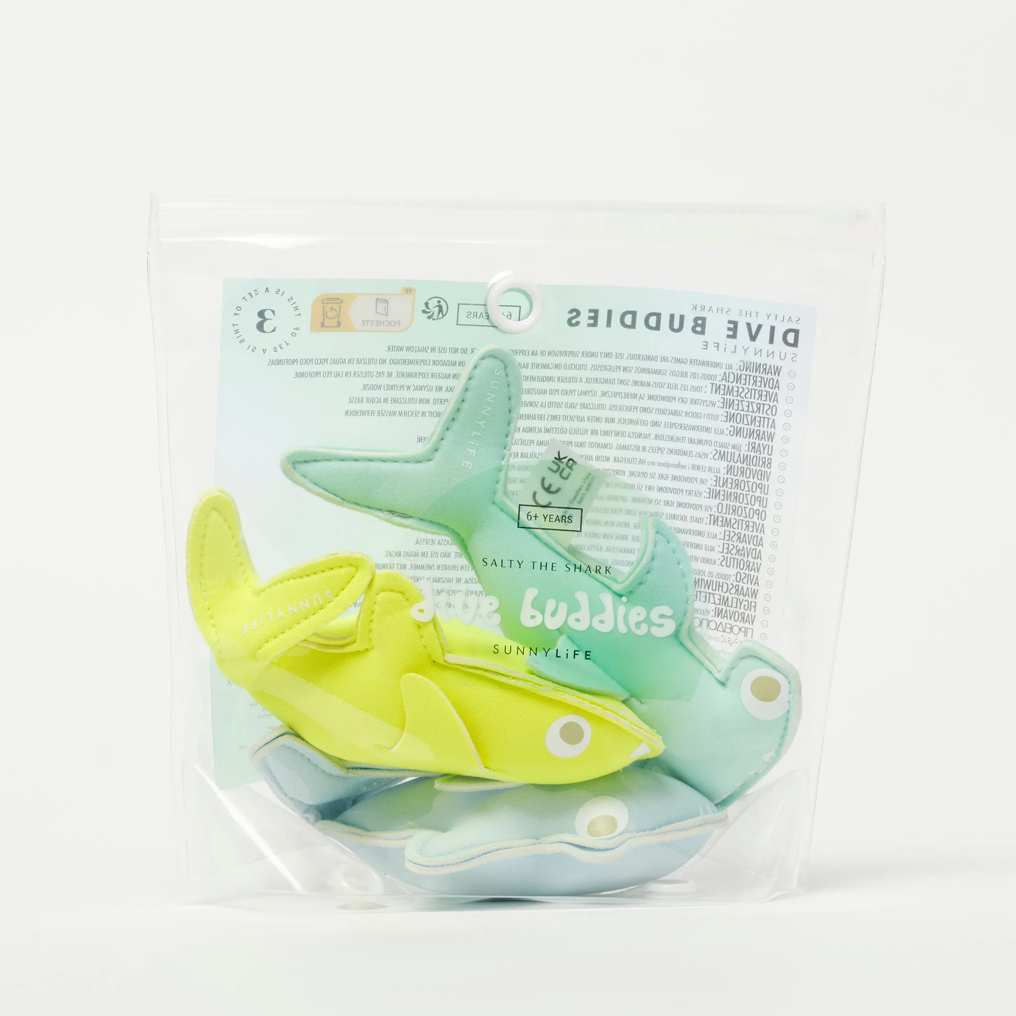 SUNNYLIFE SALTY THE SHARK DIVE BUDDIES AQUA NEON YELLOW SET OF 3