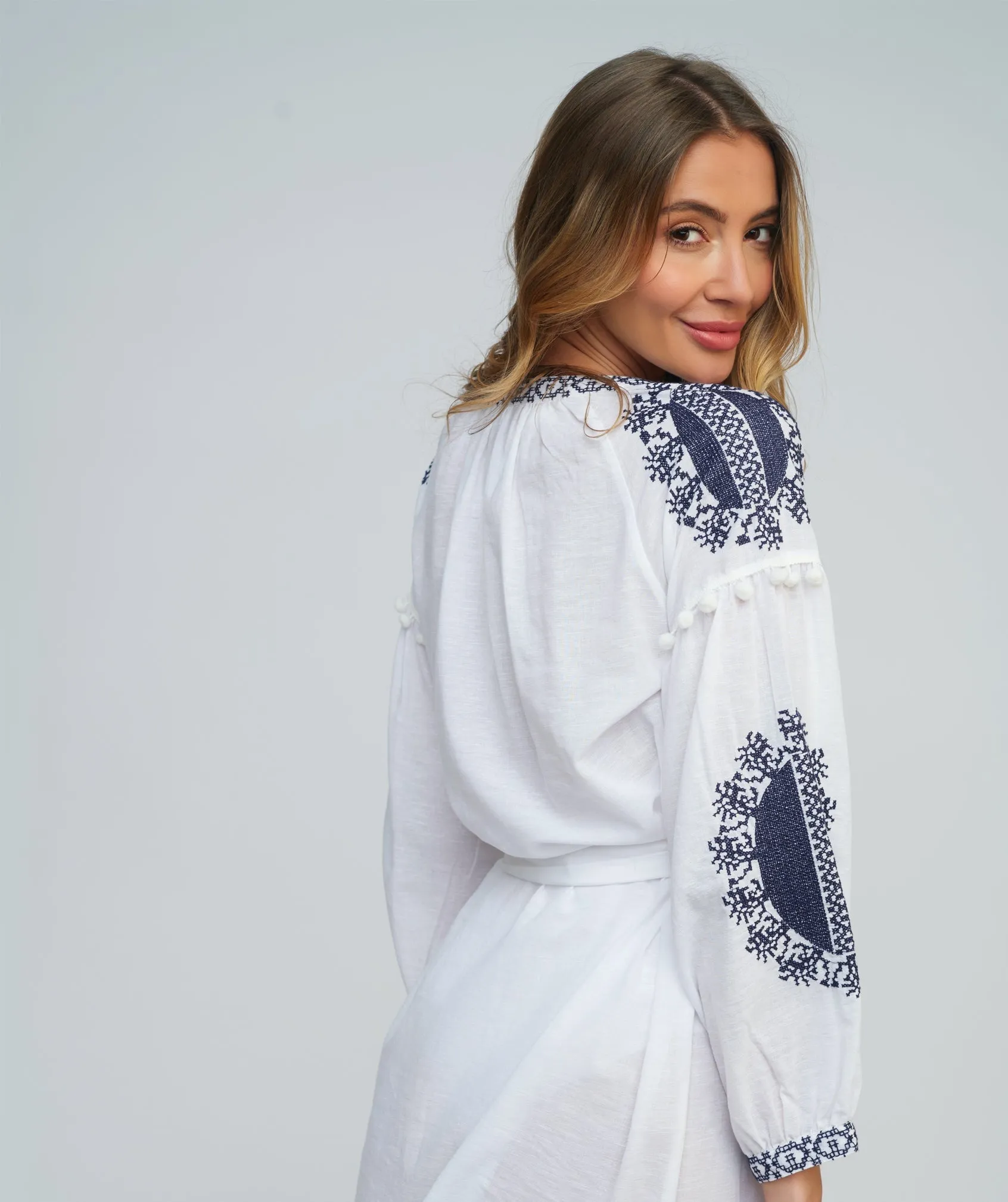 White Cotton Shirt Dress with Navy Embroidery