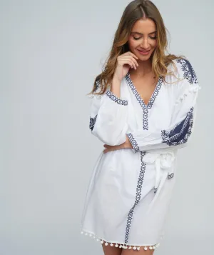 White Cotton Shirt Dress with Navy Embroidery