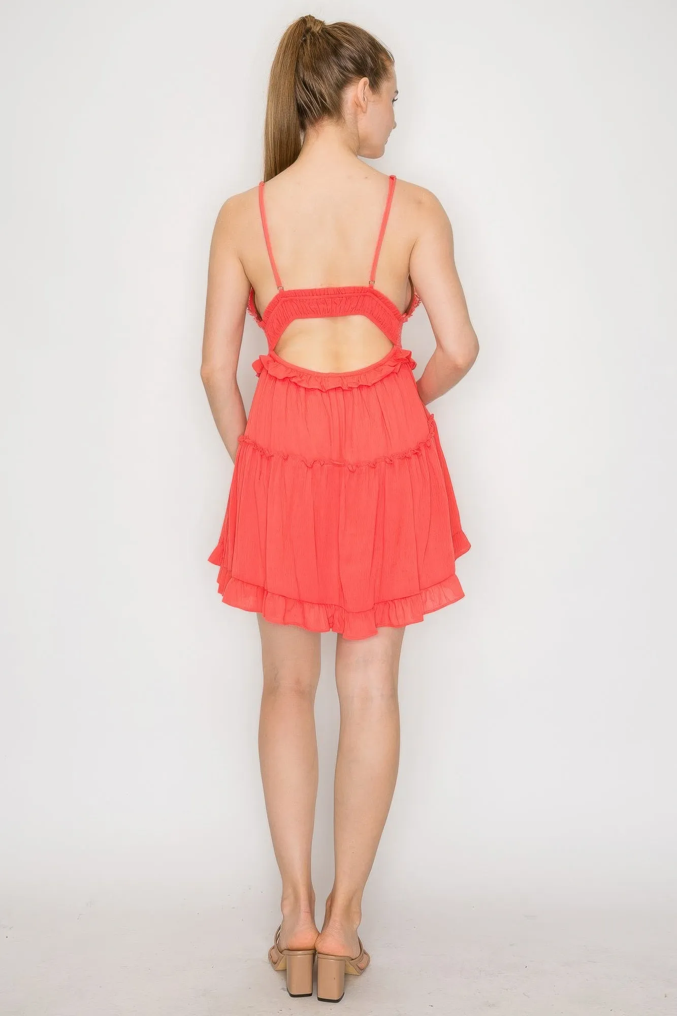 Women's Lace Tiered Open-back Ruffled Dress