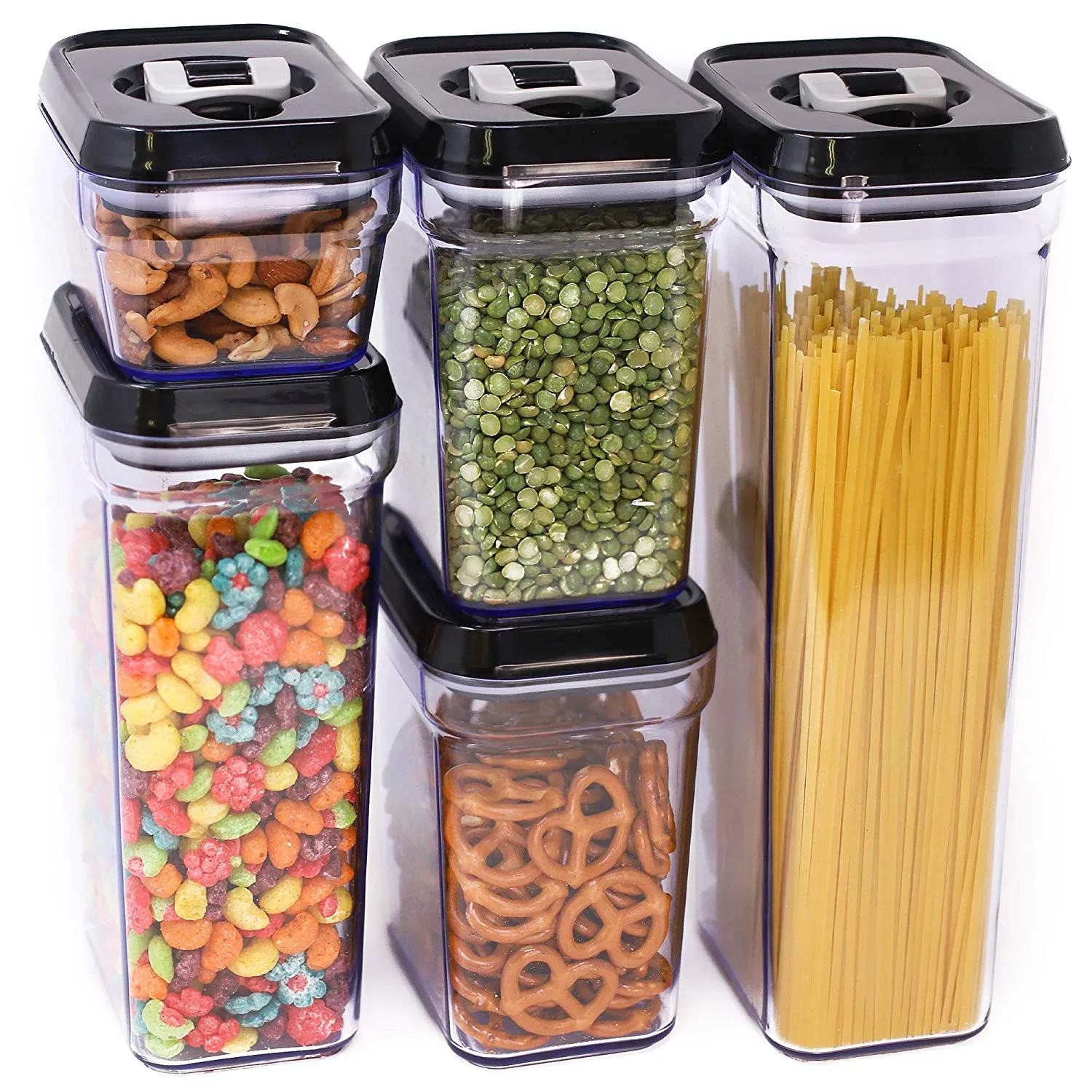 Zeppoli Air-Tight Food Storage Container Set - 5-Piece Set - Durable Plastic - BPA Free - Clear Plastic with Black Lids